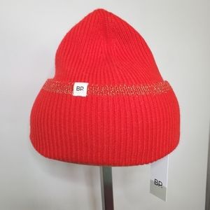 NEW BP Nordstrom Red Gold Ribbed Cuffed Beanie Hat Cap Winter Snow